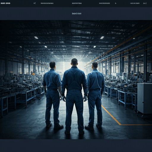 A group of industrial leaders standing in a modern clean-tech factory, looking out over a pristine assembly line.