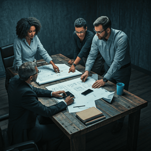 A focused leadership meeting in a modern industrial-themed boardroom — four professionals around a heavy reclaimed wood table.