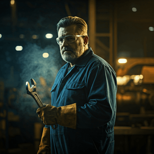 A seasoned diesel mechanic in a dimly lit industrial workshop — golden rim lighting on calloused hands holding a heavy wrench.