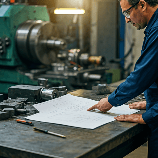 An engineer and an operator reviewing technical blueprints on a steel workbench in a modern machining facility.
