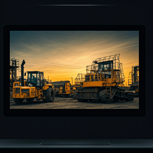 A sprawling construction site at sunrise — heavy yellow machinery and structural steel, deep blue and soft gold gradient sky.