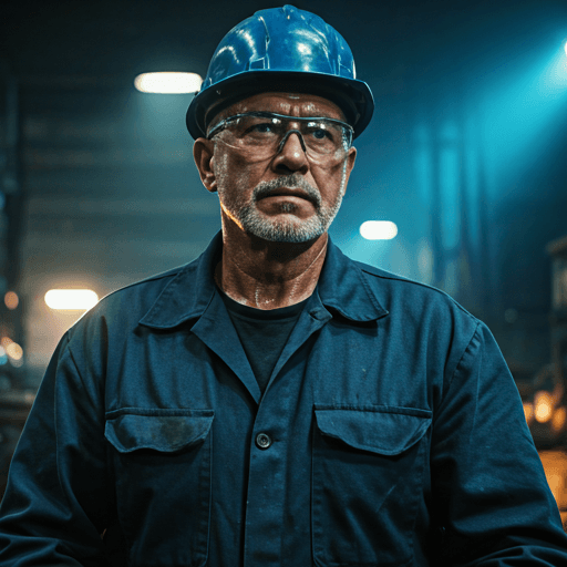 A veteran industrial worker in a heavy manufacturing plant under dramatic overhead factory lighting.