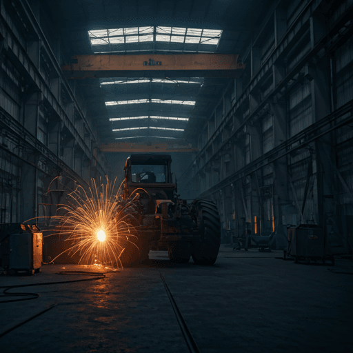 A wide cinematic view of a heavy machinery workshop at dawn — deep navy shadows, the warm orange of a welder's sparks in the distance.