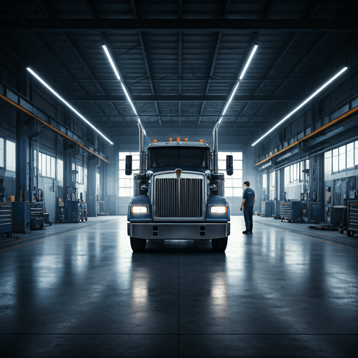 A high-capacity automotive service center — polished concrete floor, technicians in branded navy uniforms working on commercial vehicles.