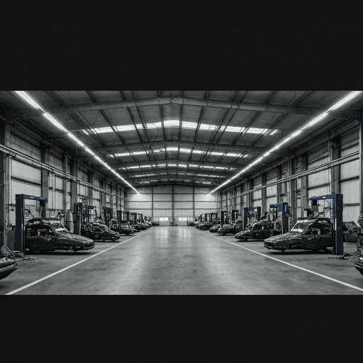 A wide-angle interior of a modern automotive service facility with multiple bays and high-tech equipment.