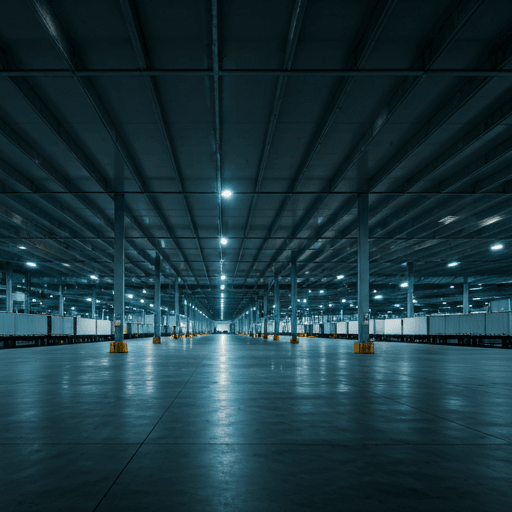 A landscape shot of a massive logistics hub during the blue hour, with trucks being loaded and steel beams reflecting security lights.
