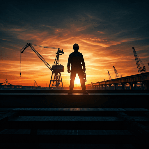 A structural steel worker in silhouette standing high on an industrial girder during sunset — dramatic orange and deep navy sky.