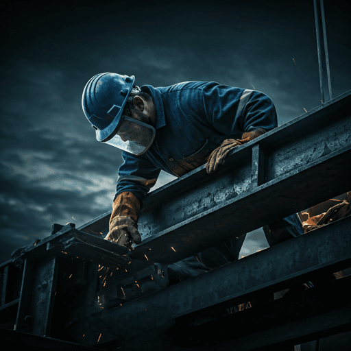 An ironworker in heavy protective gear on a high-rise steel structure during dusk — sparks against a navy-blue duotone background.