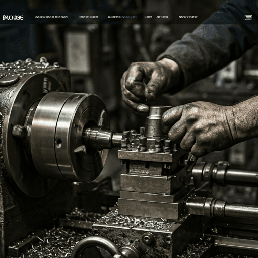 A close-up black and white photograph of a skilled technician's grease-stained hands operating a heavy industrial lathe.